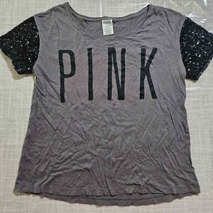 Victoria's Secret Gray Tee with Black Sequin Sleeves